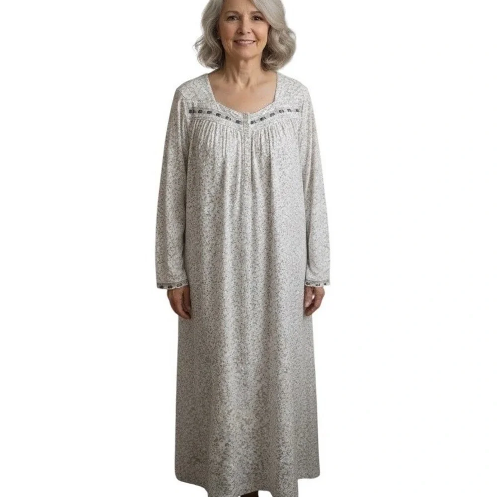 Eileen West Nightgown Women M  White Floral Lace‎ Trim Long Sleeve Cotton Modal